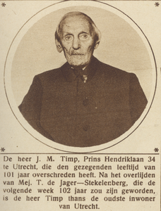 870092 Portret van J.M. Timp (Prins Hendriklaan 34) te Utrecht, met z'n 101 jaar de oudste inwoner van de stad.